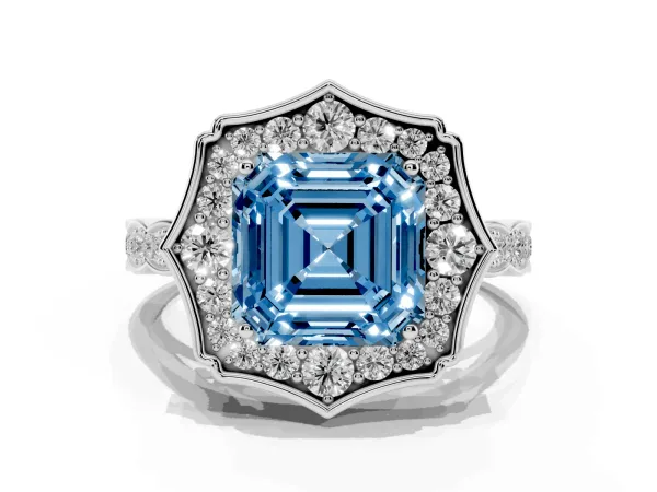 Fancy Blue Asscher Cut Halo Diamond Engagement Ring with Milgrain Band and Four-Prong Setting Platinum