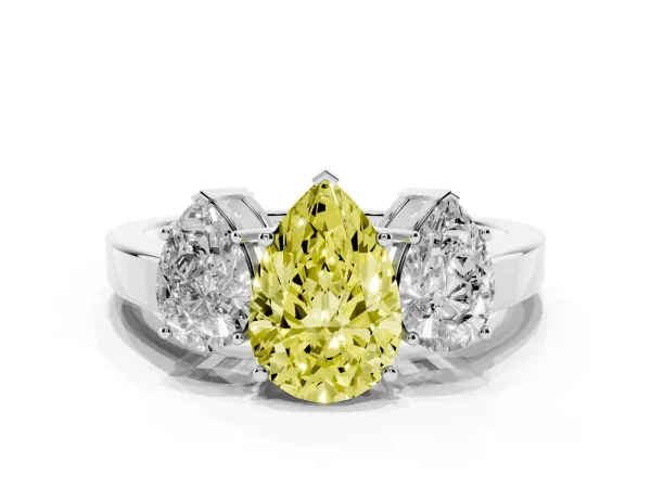 Fancy Yellow Three-Stone Pear Cut Cut Diamond Engagement Ring with Flat Band and Four-Prong Setting Platinum