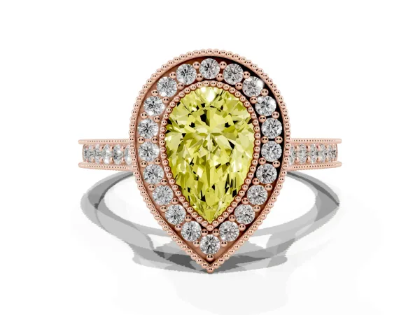 Fancy Yellow Halo Pear Cut-Cut Diamond Pave Band Milgrain Prong Setting Ring Rose gold