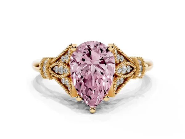 Fancy Pink Pear Cut Diamond Solitaire Ring with Floral Filigree and Pave Accents Yellow gold