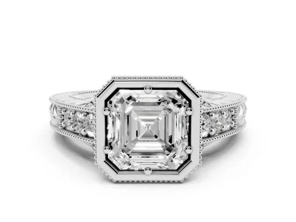 Bezel Set Asscher Cut Diamond Milgrain Pave Engagement Ring White gold