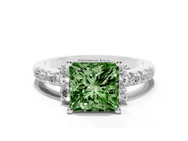 Fancy Green Princess Cut Diamond Three-Stone Pave Band with Four-Prong Setting White gold