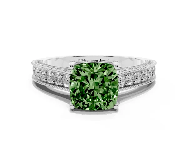 Fancy Green Cushion Cut Cut Diamond Solitaire Ring with Milgrain Pave Band and Four Prong Setting Platinum