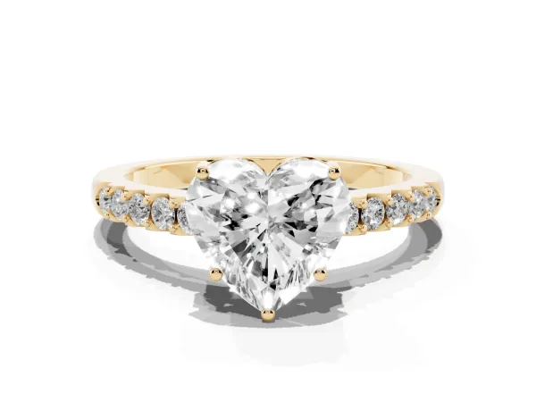 Heart Cut Solitaire Diamond Engagement Ring with Pavé Band and Six-Prong Setting Yellow gold