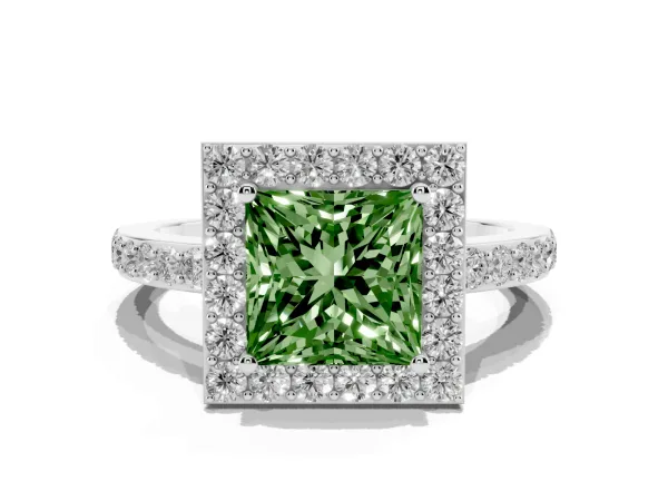 Fancy Green Princess Cut Halo Diamond Pavé Band Ring with Prong Setting Platinum
