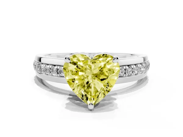 Fancy Yellow Heart Cut Solitaire Diamond Ring with Channel Set Band and Six-Prong Setting Platinum