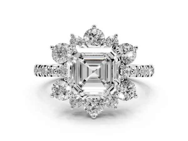 Asscher Cut Diamond Floral Halo Ring with Round Pavé Band and Prong Setting Platinum