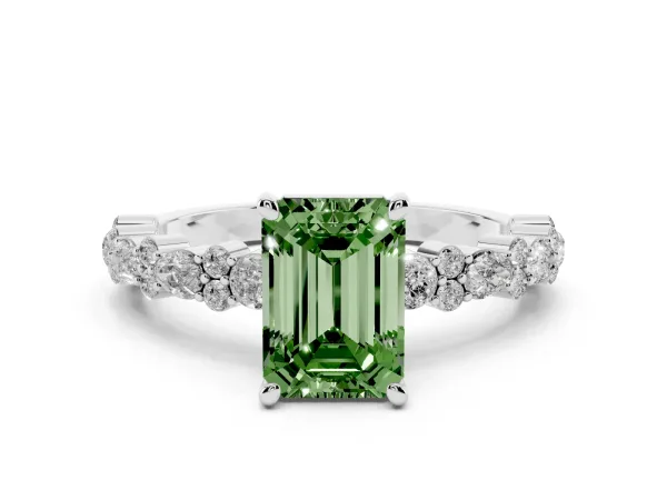 Fancy Green Emerald Cut Diamond Side Stone Solitaire Ring with Round and Four-Prong Setting White gold