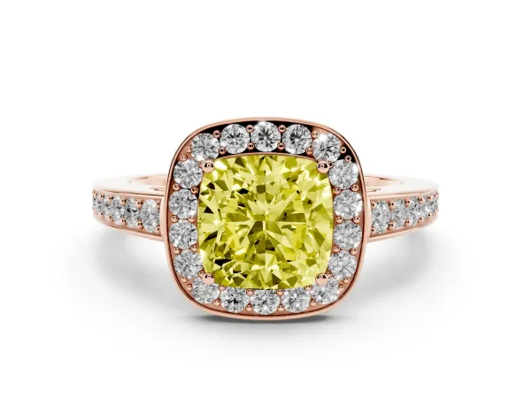 Fancy Yellow Cushion Cut Halo Pavé Diamond Engagement Ring with Bezel Setting Rose gold