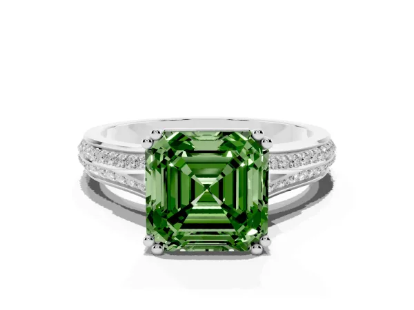 Fancy Green Asscher Cut Diamond Split Shank Engagement Ring with Pavé Band Platinum