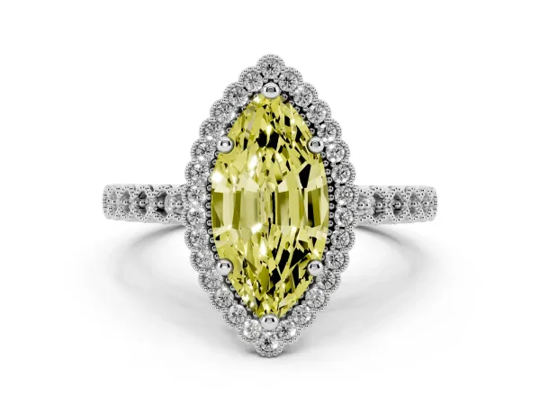 Fancy Yellow Marquise Cut Cut Halo Pavé Solitaire Ring with Milgrain Band Platinum