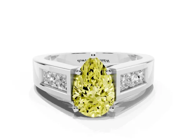 Fancy Yellow Pear Cut Cut Channel Set Solitaire Ring with Four-Prong Setting Platinum
