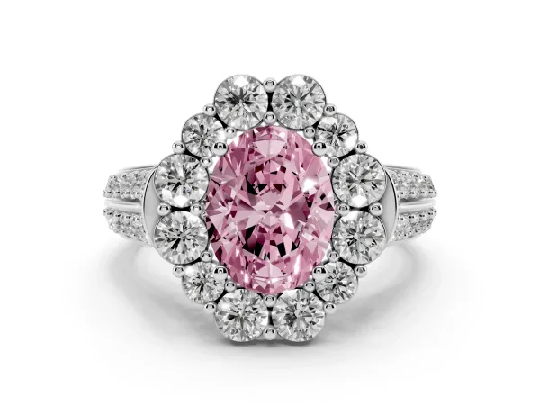Fancy Pink Oval Cut Halo Diamond Engagement Ring with Split Shank and Prong Setting Platinum