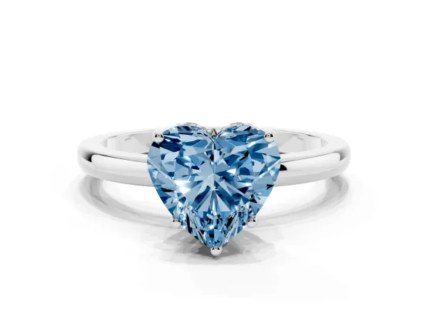 Fancy Blue Heart Cut Solitaire Diamond Ring with Prong Setting and Plain Band White gold