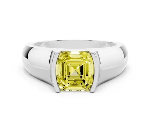 Fancy Yellow Asscher Cut Solitaire Bezel Set Diamond Ring with Wide Band White gold