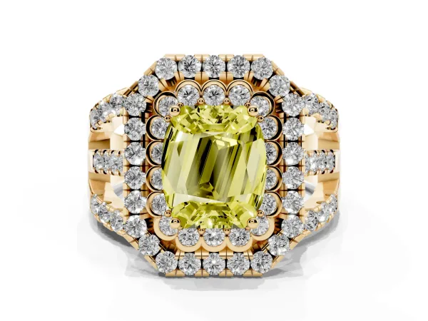 Fancy Yellow Emerald Cut Diamond Double Halo Ring with Round Pavé Split Shank and Prong Setting Yellow gold