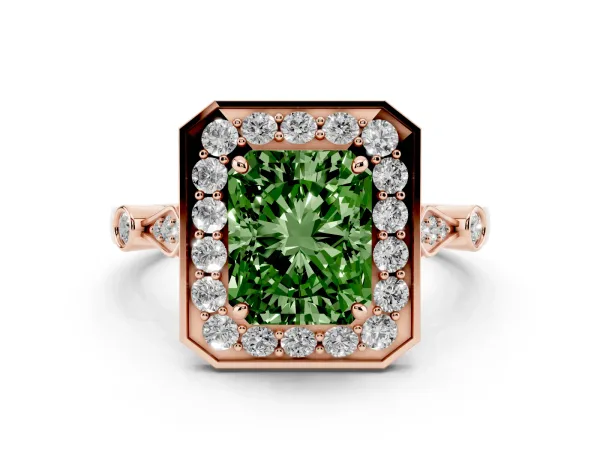 Fancy Green Radiant Cut Halo Diamond Engagement Ring with Twisted Band and Four-Prong Setting Rose gold