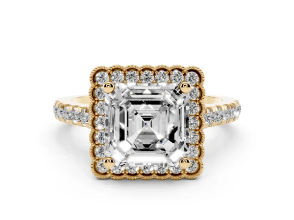 Asscher Cut Cut Diamond Milgrain Floral Halo Engagement Ring with Pavé Band Yellow gold