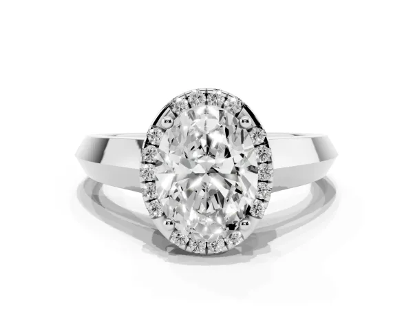 Oval Cut Halo Diamond Ring with Cathedral Band and Four-Prong Setting Platinum