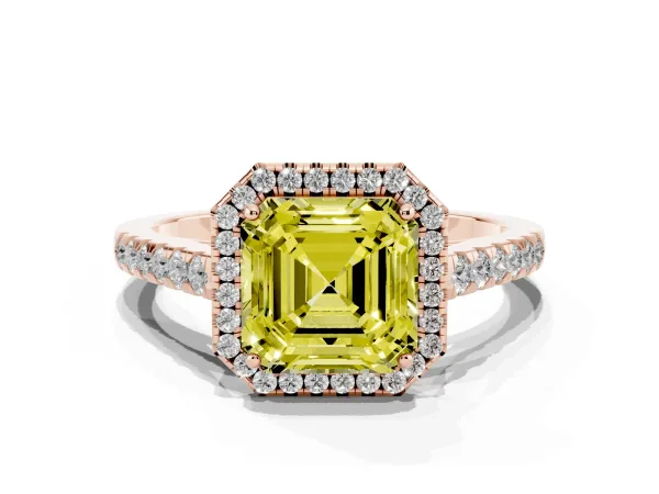 Fancy Yellow Asscher Cut Halo Pave Diamond Engagement Ring with Four-Prong Setting Rose gold