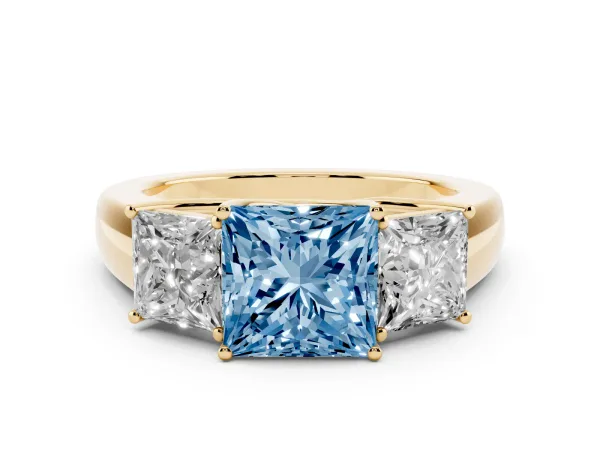 Fancy Blue Three-Stone Princess Cut Cut Diamond Ring with Prong Setting and Classic Band Yellow gold