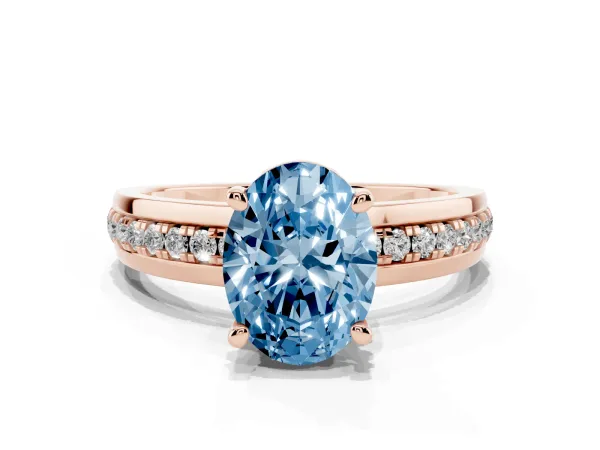 Fancy Blue Oval Cut Solitaire Diamond Ring with Channel Set Band and Six-Prong Setting Rose gold
