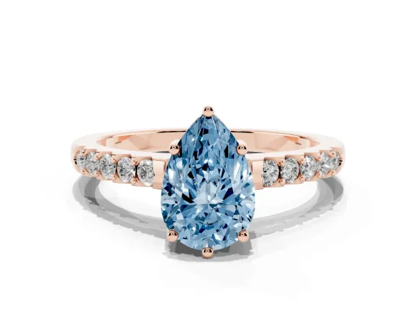 Fancy Blue Pear Cut Solitaire Diamond Engagement Ring with Pavé Band and Six-Prong Setting Rose gold