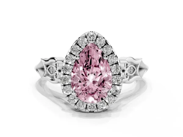 Fancy Pink Pear Cut Halo Diamond Engagement Ring with Filigree Band and Four-Prong Setting Platinum