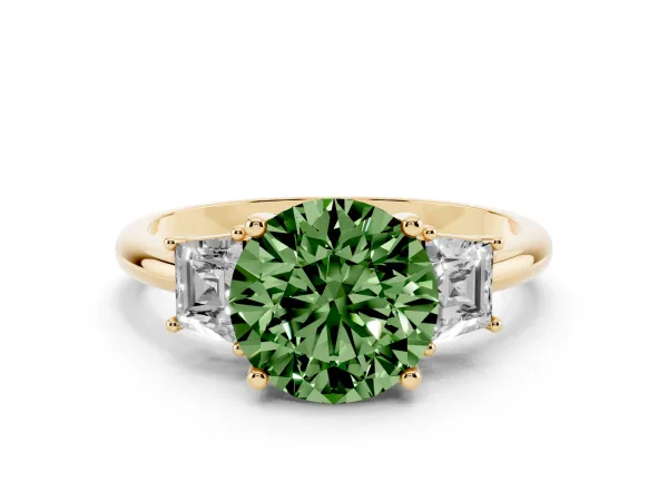 Fancy Green Round Cut Diamond Three-Stone Ring with Trapezoid Side Stones and Prong Setting Yellow gold