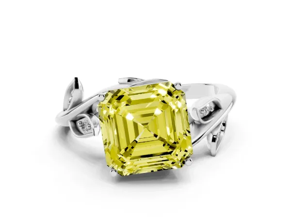 Fancy Yellow Asscher Cut Solitaire Twist Engagement Ring with Leaf Accents and Prong Setting White gold