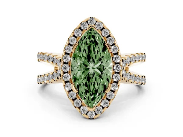 Fancy Green Marquise Cut Diamond Halo Ring with Split Shank Pavé Band and Prong Setting Yellow gold