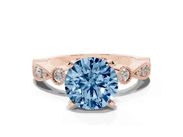 Fancy Blue Round Cut Milgrain Bezel Diamond Engagement Ring with Solitaire Prong Setting Rose gold