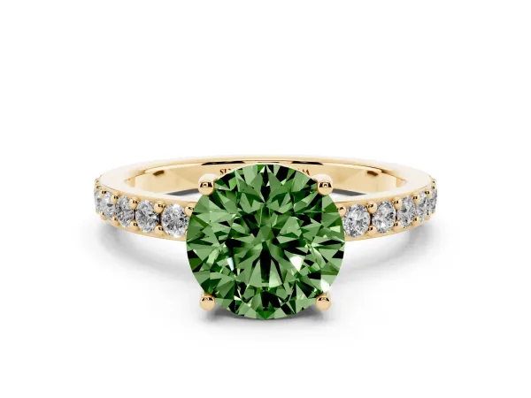 Fancy Green Round Cut Cut Diamond Solitaire with Pave Band and Four-Prong Setting Yellow gold