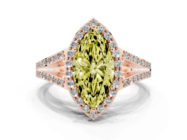 Fancy Yellow Marquise Cut Halo Split Shank Diamond Ring with Prong Setting Rose gold