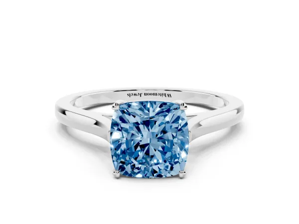 Fancy Blue Cushion Cut Solitaire Heart Prong Engagement Ring with Tapered Band White gold