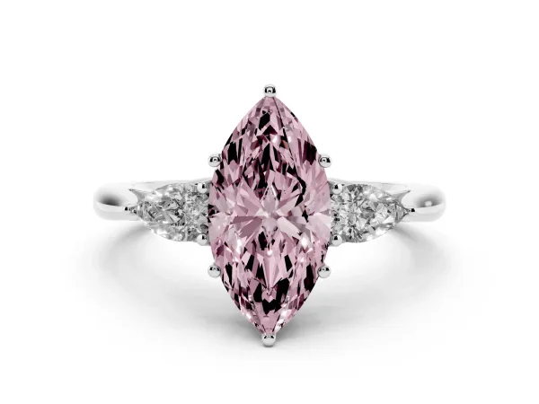 Fancy Pink Three-Stone Marquise Cut Diamond Ring with Pear Side Stones in Four-Prong Setting White gold