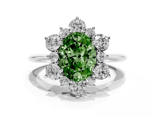 Fancy Green Oval Cut Diamond Cluster Halo Ring with Solitaire Band and Four-Prong Setting White gold
