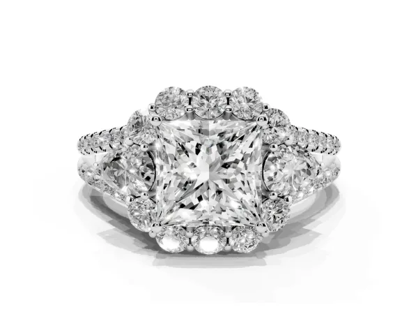 Princess Cut Halo Split Shank Diamond Engagement Ring with Prong Setting White gold