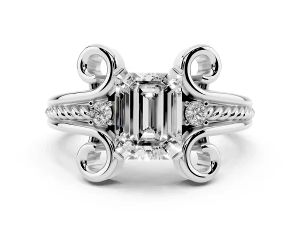 Emerald Cut Solitaire Twisted Band Scroll Prong Ring Platinum