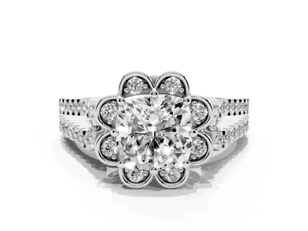 Cushion Cut Halo Diamond Floral Split Shank Engagement Ring Platinum