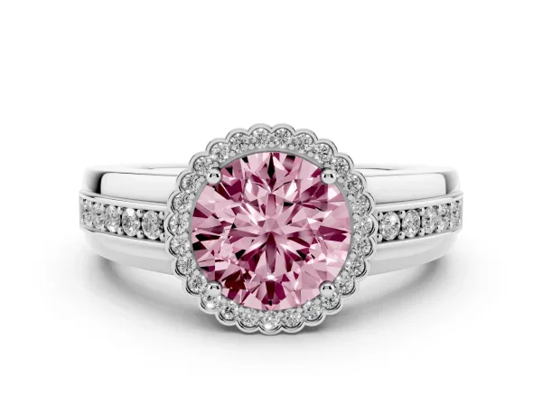 Fancy Pink Round Cut Cut Halo Pave Band Four-Prong Ring White gold