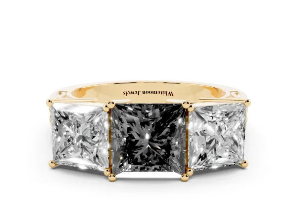 Fancy Black Princess Cut Diamond Three-Stone Ring with Prong Setting and Textured Band Yellow gold
