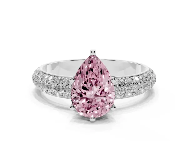 Fancy Pink Pear Cut Diamond Solitaire Ring with Prong Setting and Pavé Band White gold
