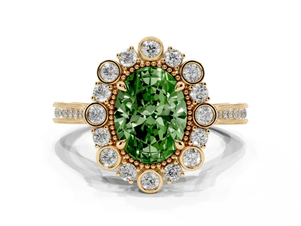 Fancy Green Oval Cut Halo Milgrain Pave Diamond Ring with Four-Prong Setting Yellow gold