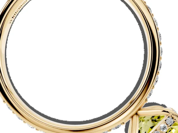 Fancy Yellow Cushion Cut Diamond Solitaire Ring with Pavé Band and Hidden Halo Yellow gold