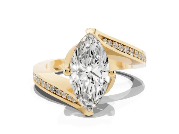 Marquise Cut Solitaire Diamond Twist Band with Pavé Setting and Four-Prong Setting Yellow gold