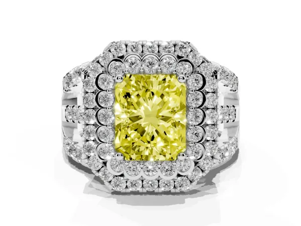 Fancy Yellow Radiant Cut Diamond Double Halo Ring with Round Pavé Split Shank and Prong Setting White gold