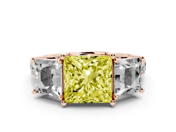 Fancy Yellow Three-Stone Princess Cut Diamond Pavé Band with Prong Setting Rose gold