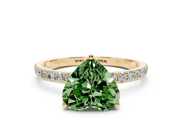 Fancy Green Heart Cut Diamond Solitaire Engagement Ring with Round Pavé Band and Prong Setting Yellow gold