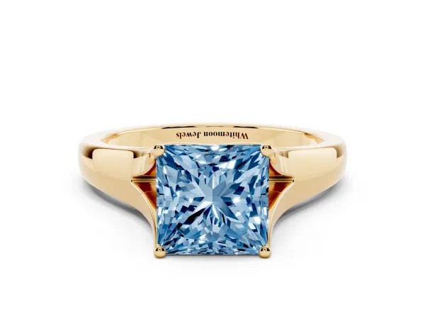 Fancy Blue Princess Cut Solitaire Diamond Ring with Cathedral Band and Four-Prong Setting Yellow gold